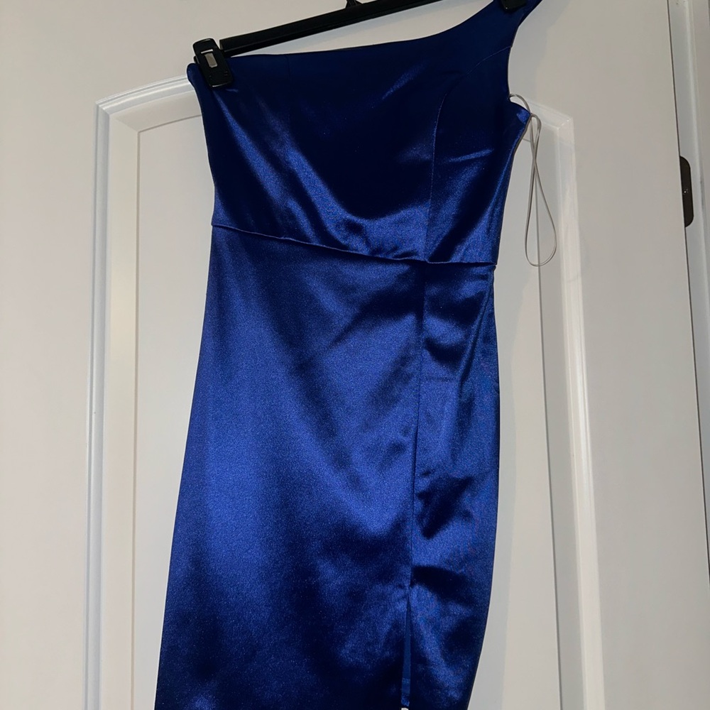 Crystal Doll One-Shoulder Satin Dress in Royal Blue